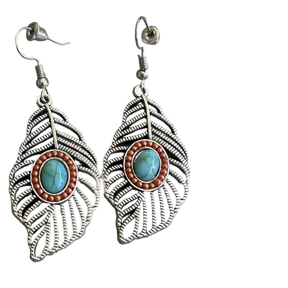 Silver and Turquoise Cut Metal Feather Earrings - Picture 3 of 5